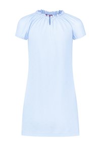 Light blue short-sleeve dress with a gathered neck, front keyhole detail, embossed heart pattern, and soft cotton texture.