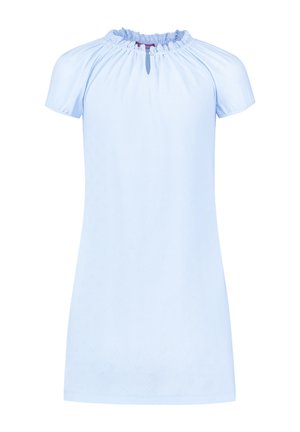 Light blue short-sleeve dress with a gathered neck, front keyhole detail, embossed heart pattern, and soft cotton texture.