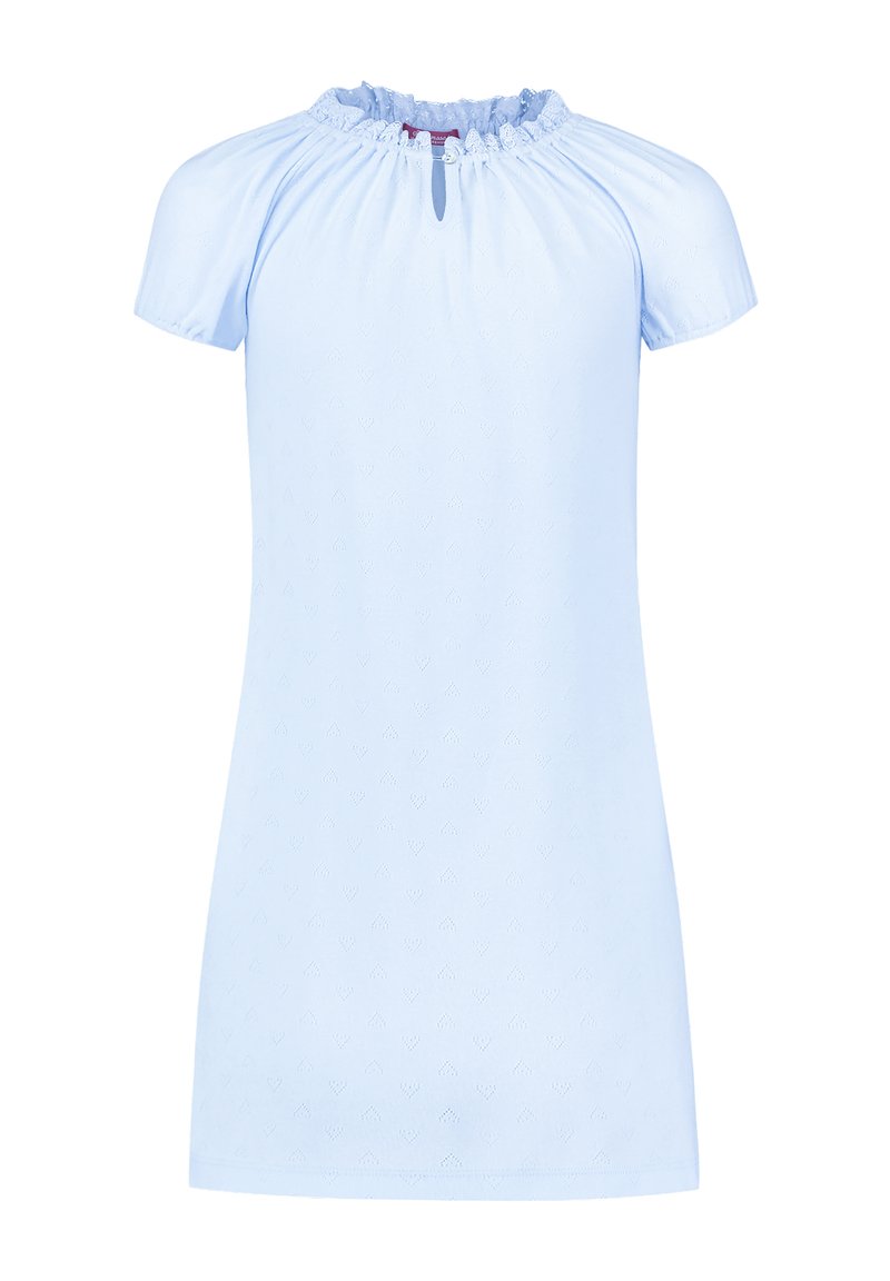 Light blue short-sleeve dress with a gathered neck, front keyhole detail, embossed heart pattern, and soft cotton texture.