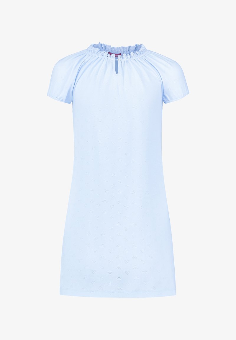 Light blue short-sleeve dress with a gathered neck, front keyhole detail, embossed heart pattern, and soft cotton texture.