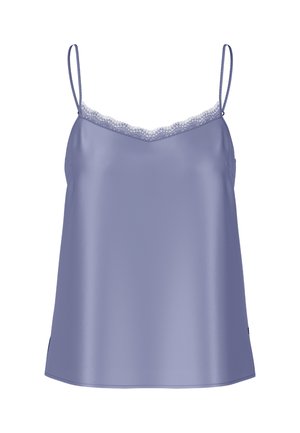 Lilac camisole made from smooth fabric, featuring thin straps and a lace trim along the neckline. Simple, flowing A-line shape.