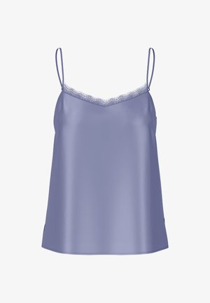 Lilac camisole made from smooth fabric, featuring thin straps and a lace trim along the neckline. Simple, flowing A-line shape.