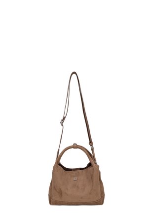 Braune Wildlederhandtasche mit runden Griffen und verstellbarem Schulterriemen, vorne mit einem kleinen Metall-"D"-Logo versehen.