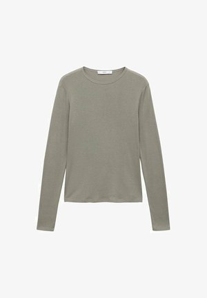 Chemise à manches longues et col rond en vert olive. Fabriquée en tissu doux et léger avec une texture lisse. Design simple, sans motifs ni ornements.