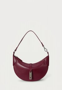 Burgundy leather shoulder bag with a curved silhouette, top fastening, and silver-tone hardware. Features a logo accent on the front.