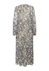 Lange, gennemsigtig kjole i creme med et blåt paisley-mønster. Har lange ærmer og et lagdelt skørt design. Letvægtigt, flydende stof.