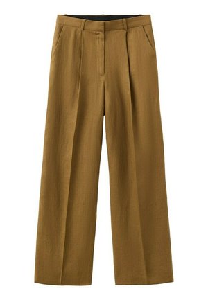 Braune Hosen mit weitem Bein, vorderen Falten, Gürtelschlaufen, seitlichen Taschen und einem verdeckten Frontverschluss.