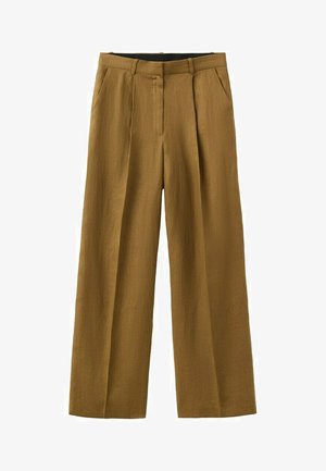 Braune Hosen mit weitem Bein, vorderen Falten, Gürtelschlaufen, seitlichen Taschen und einem verdeckten Frontverschluss.