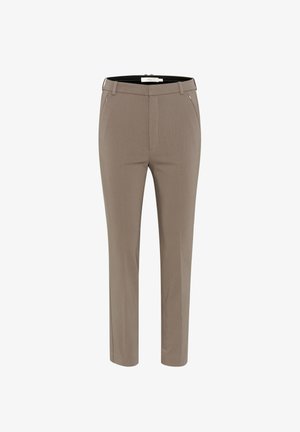 Gray tailored trousers with a smooth texture, mid-rise waist, front pockets, and a clean-cut design. Features a zipper and belt loops.