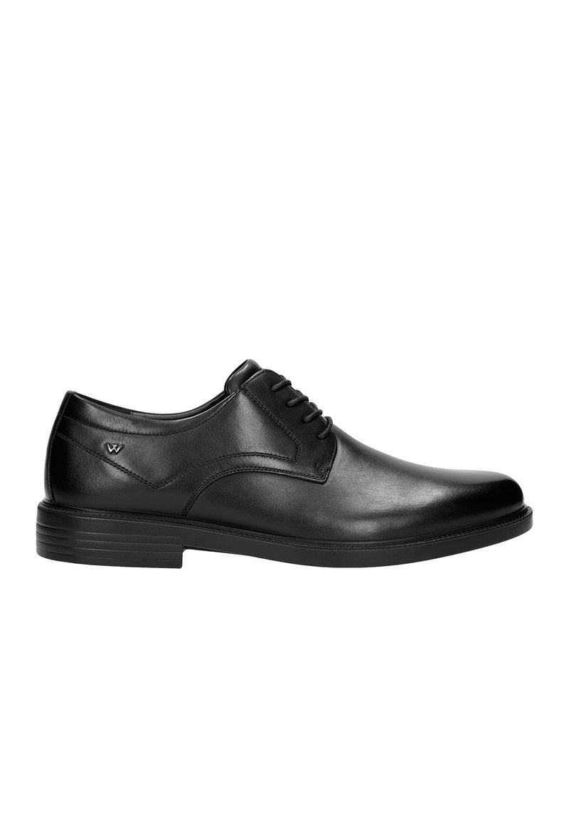 Scarpa da uomo in pelle nera con un design con lacci e superficie liscia. Presenta una punta arrotondata e un tacco basso impilato. Branding sottile sul lato.