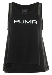 Svart linne med avslappnad passform, tillverkat av mjuk bomull, med rundad halsringning och "PUMA"-logotypen i vitt över bröstet.