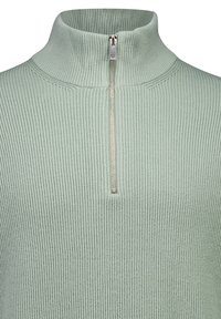 Gerippter Pullover in Hellgrün mit hohem Kragen und halbem Reißverschluss. Weiche Textur mit figurbetonter Silhouette.