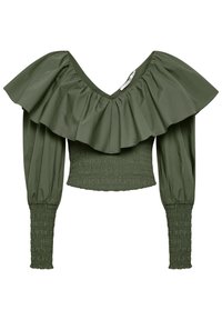 Blusa croppata verde oliva realizzata in tessuto morbido, con ampio scollo arricciato e lunghe maniche a sbuffo con polsini arricciati.
