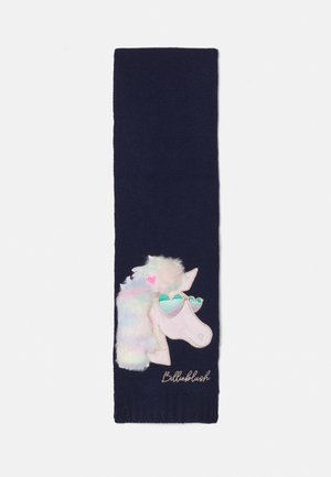 Écharpe tricotée marine avec une application de licorne, une crinière multicolore et fluffy, et des lunettes de soleil en forme de cœur ; détail brodé "Billieblush".