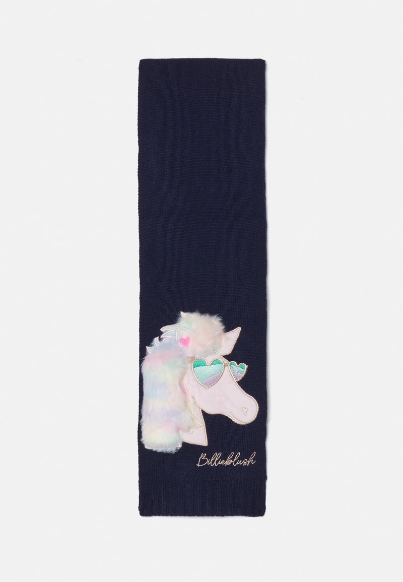 Écharpe tricotée marine avec une application de licorne, une crinière multicolore et fluffy, et des lunettes de soleil en forme de cœur ; détail brodé "Billieblush".
