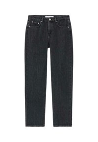 Jeans de mezclilla de lavado oscuro con un diseño de pierna recta, que cuentan con un color sólido, configuración de cinco bolsillos y acentos de hardware metálico.