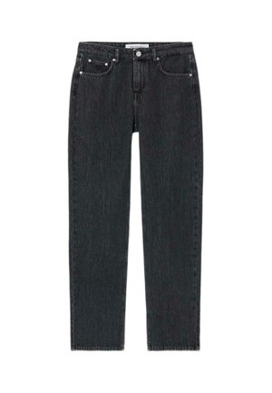 Dunkel gewaschenen Jeans mit geradem Bein, ausgestattet mit einfarbigem Design, Fünf-Taschen-Konfiguration und metalischen Hardware-Akzenten.