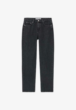 Dunkel gewaschenen Jeans mit geradem Bein, ausgestattet mit einfarbigem Design, Fünf-Taschen-Konfiguration und metalischen Hardware-Akzenten.