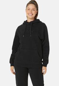 Black sweatshirt with a hood, front pocket, and embossed logo. Features a relaxed fit and ribbed cuffs at sleeves and hem. Soft texture.