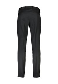 Czarne spodnie o dopasowanym kroju, z gładką teksturą, pięcioma kieszeniami i szlufkami na pasek, zaprojektowane z prostymi nogawkami i eleganckim wykończeniem.