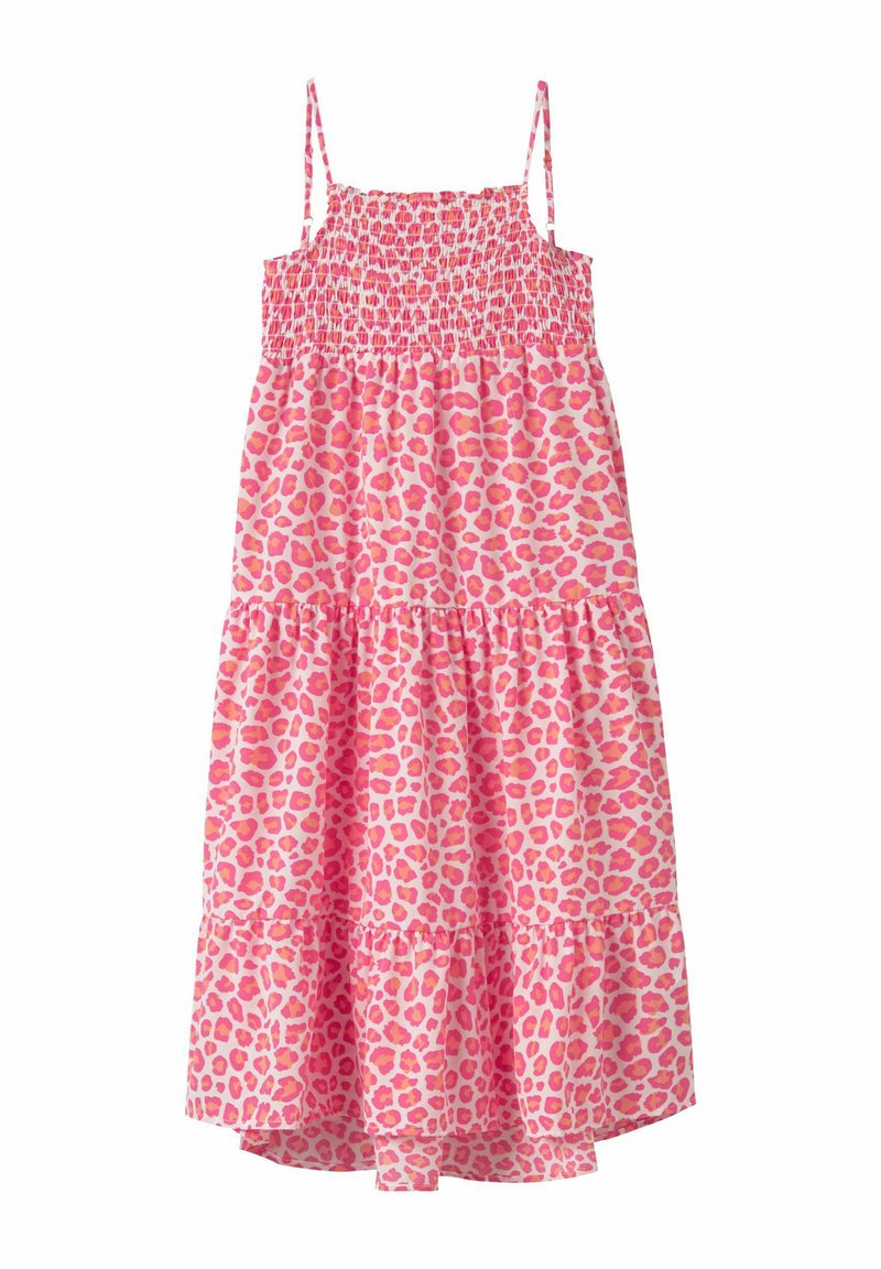 Ärmelloses Sommerkleid mit pink- und orangefarbenem Leopardenmuster, mit gerafftem Oberteil und gestuften Rüschensaum.