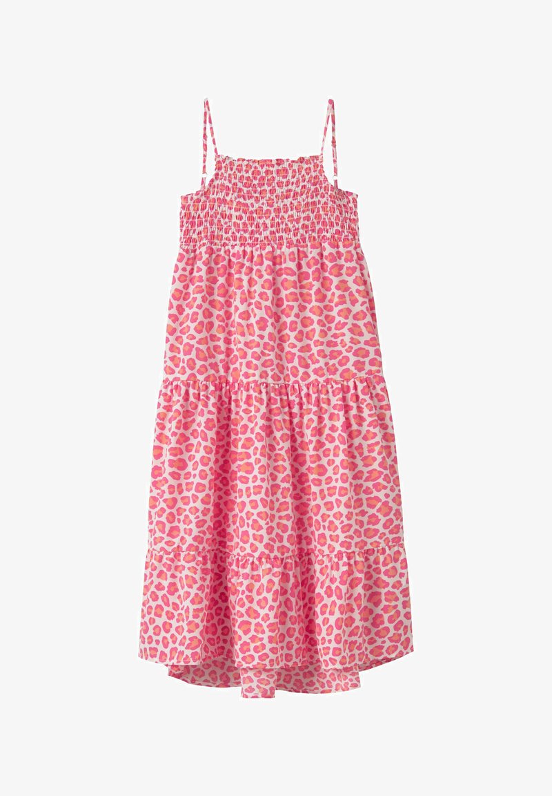 Roza in oranžno leopardjevo potiskana brezrokavna poletna obleka s smuktujočim trupom in plastovitim volančkom.