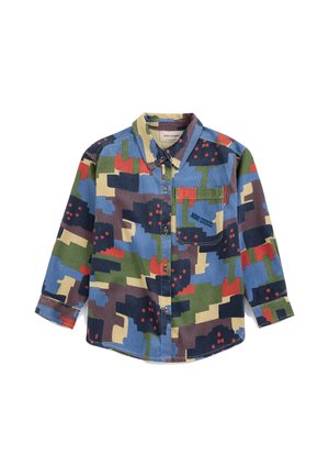 Langärmeliges Hemd mit Knopfleiste und mehrfarbigem abstraktem Camouflage-Muster in Blau, Grün, Rot und Beige, mit einer Brusttasche vorne.