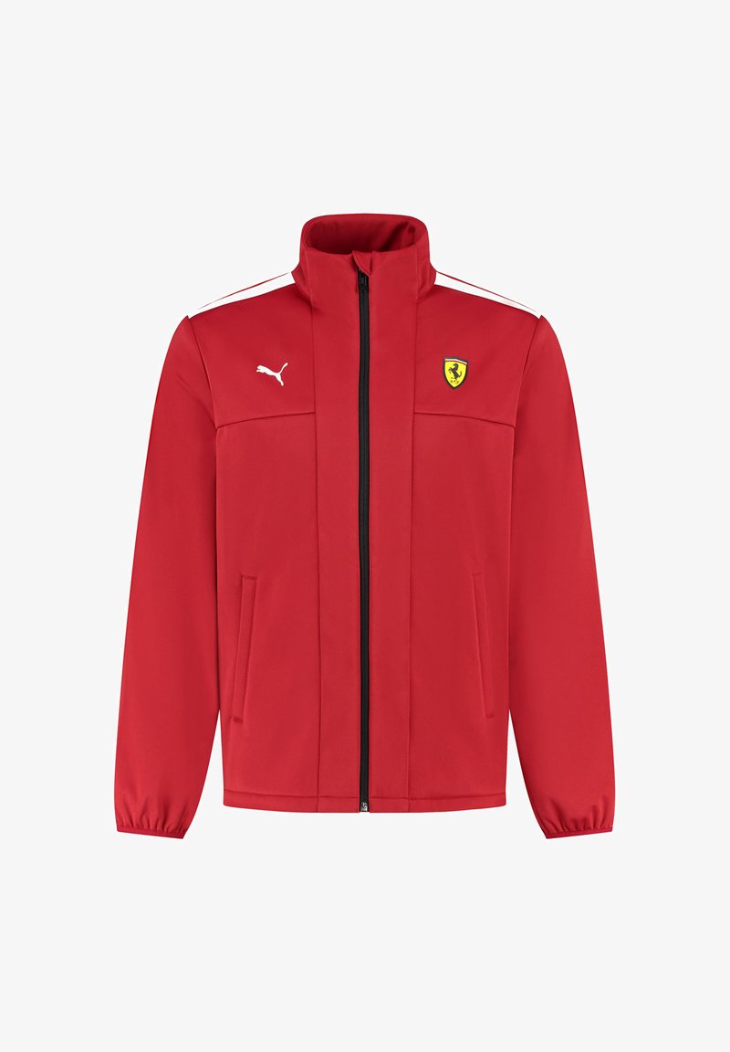 Czerwona sportowa kurtka z pełnym zamkiem, stójką, bocznymi kieszeniami, białymi paskami na ramionach oraz żółtym logo Ferrari na klatce piersiowej.