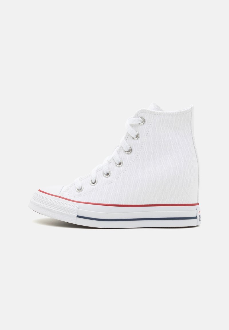 Baskets montantes en toile blanche avec lacets blancs, semelle en caoutchouc présentant des rayures rouges et bleues, vues de profil sur un fond uni.