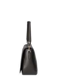 Zwarte leren handtas met een gestructureerde vorm, voorzien van een lange handgreep en metallic hardware. Geweven afwerking met een ingetogen ontwerp.