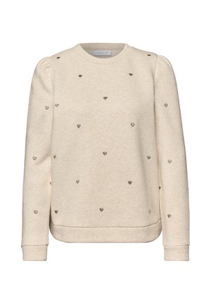 Sudadera de color crema con mangas largas y hombros abullonados, con pequeños patrones de corazones bordados dispersos por toda la tela.