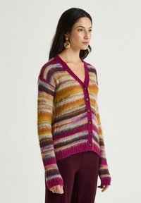 Donna che indossa un cardigan sfilacciato a righe multicolori con grandi bottoni e pantaloni di colore bordeaux scuro, in piedi contro uno sfondo chiaro e semplice.