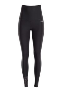 Zwarte high-waisted leggings van rekbaar materiaal, met een gladde textuur en een gestreept ontwerpelement op het onderbeen.