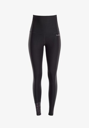 Schwarze hochgeschnittene Leggings aus dehnbarem Material, mit einer glatten Textur und einem gestreiften Designelement am Unterschenkel.