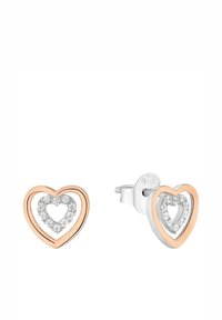 Hjärtaformade örhängen i roséguld och silver med en central cirkel av klara stenar, med en dubbel-hjärtformad design och en stiftbakgrund.