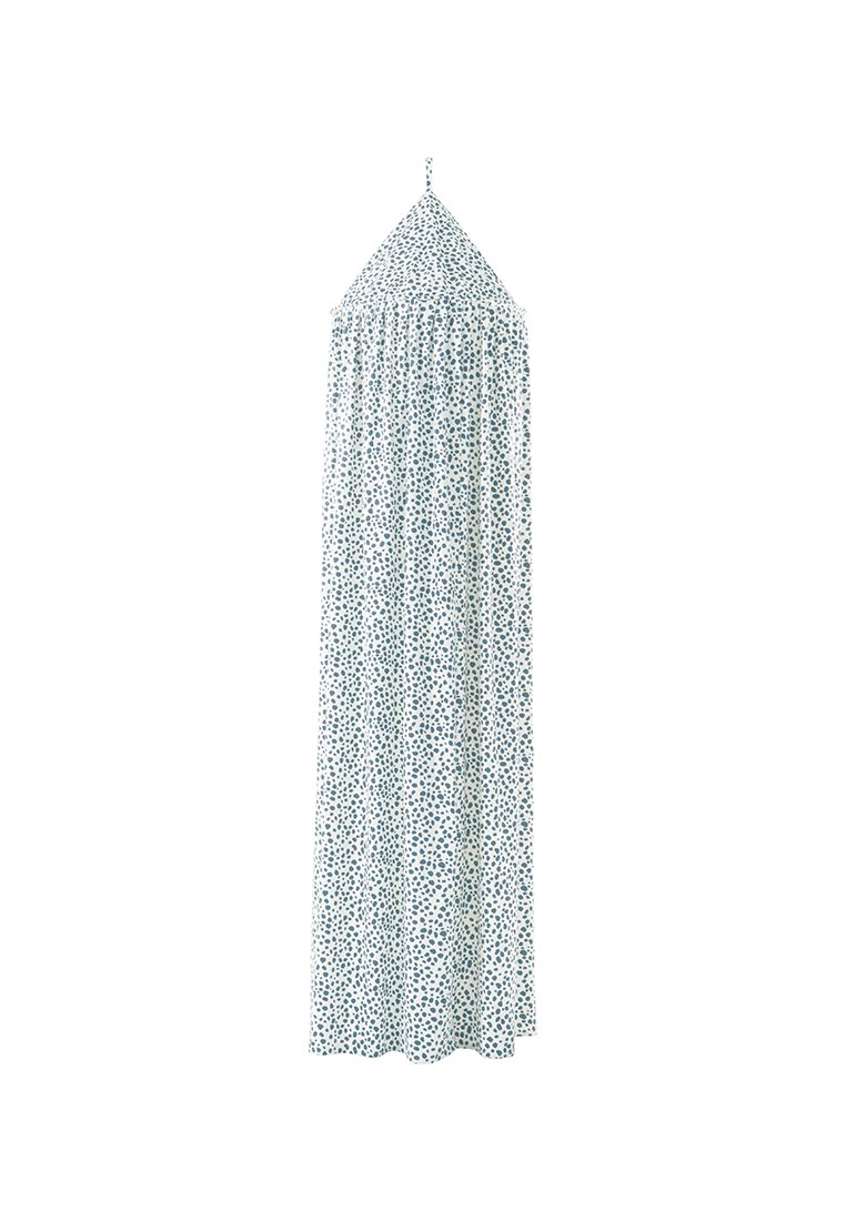 Baumwollsegel in Weiß mit grünen und blauen abstrakten Punktmustern. Verfügt über eine spitze Oberseite und einen herunterhängenden, gerafften Stoff.
