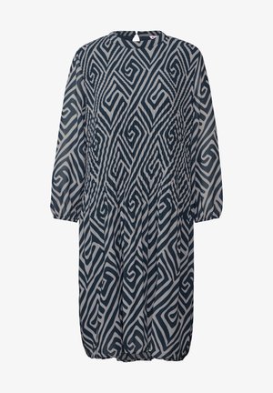 Ein marineblaues Kleid mit einem geometrischen weißen Muster, langen Ärmeln, rundem Halsausschnitt und geraffter Taille für eine entspannte Passform. Leichtes Gewebe.