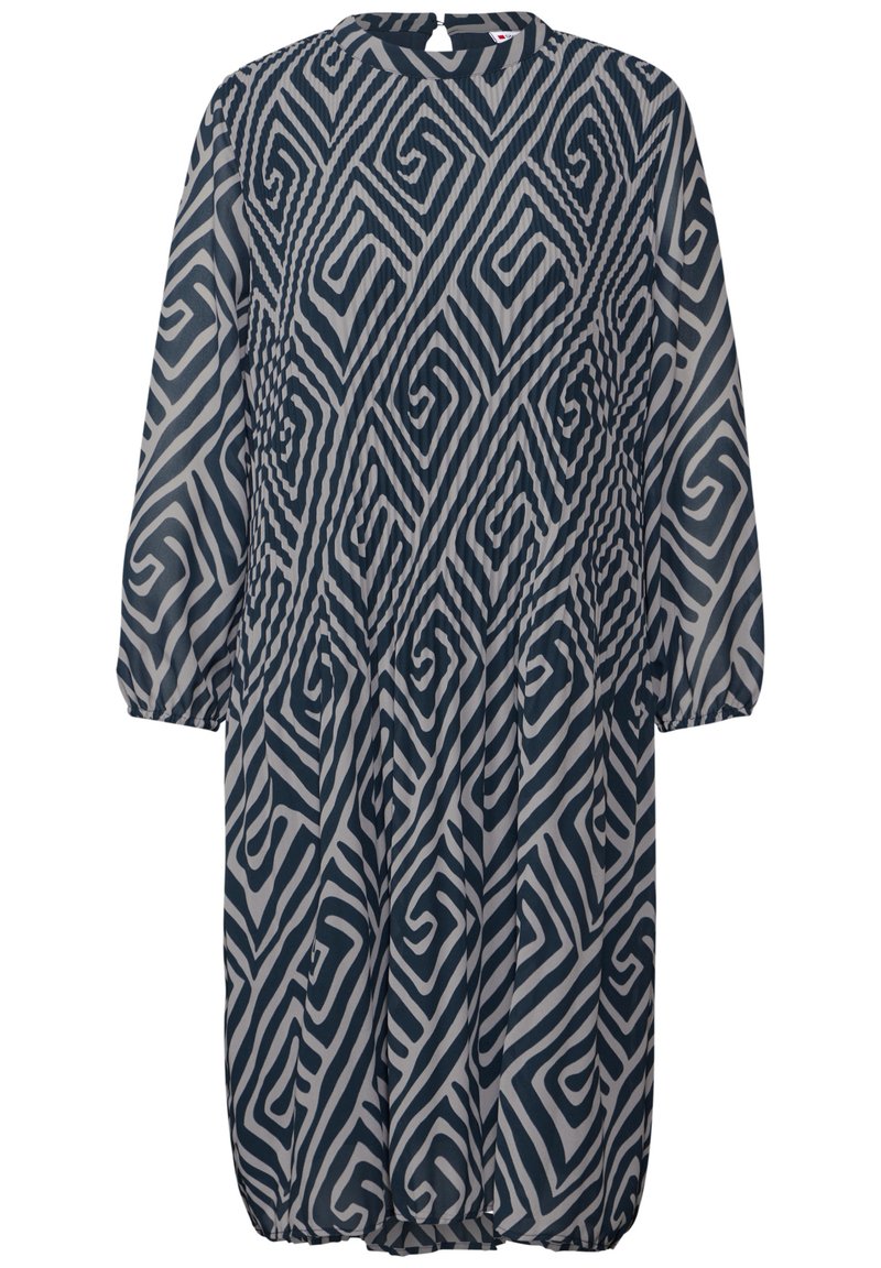 Vestido de color azul marino con un patrón geométrico blanco, mangas largas, cuello redondo y cintura fruncida para un ajuste relajado. Tejido ligero.