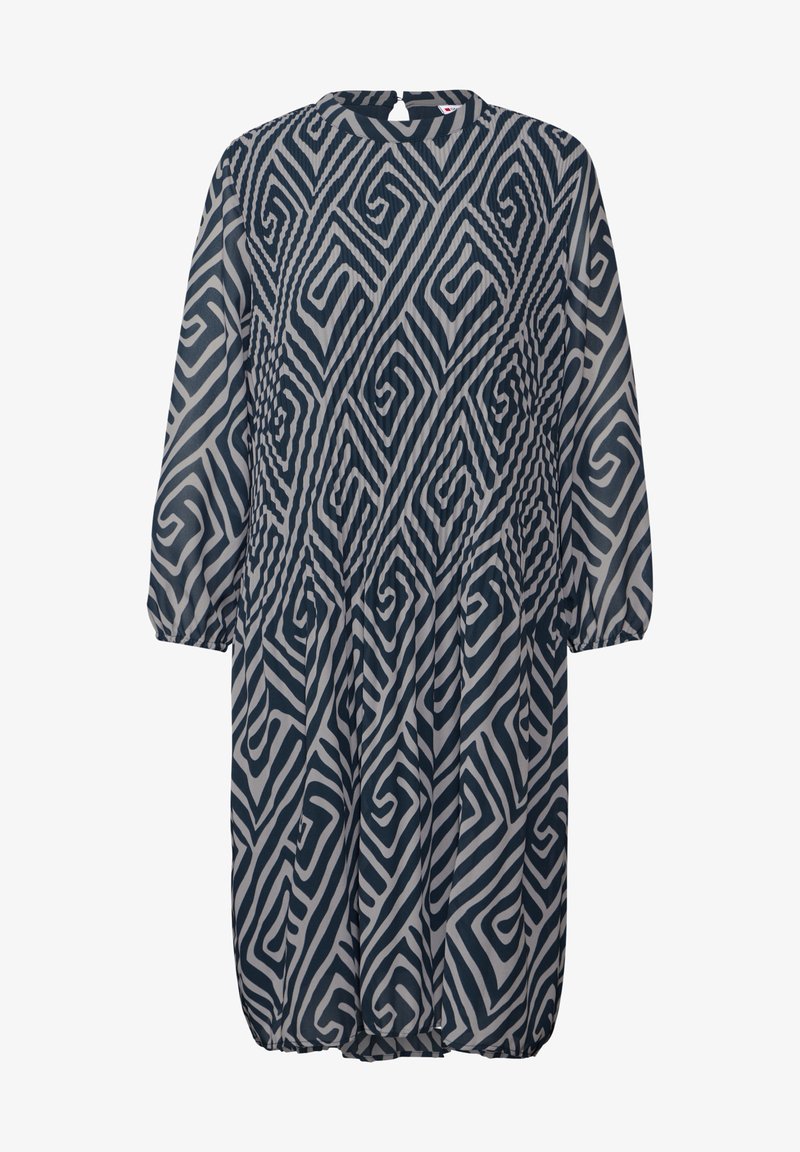 Ein marineblaues Kleid mit einem geometrischen weißen Muster, langen Ärmeln, rundem Halsausschnitt und geraffter Taille für eine entspannte Passform. Leichtes Gewebe.