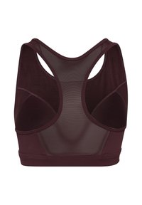 Bordeauxrode sportbeha met een racerback ontwerp. Heeft een gladde, rekbare stof en mesh panelen voor ademend vermogen.