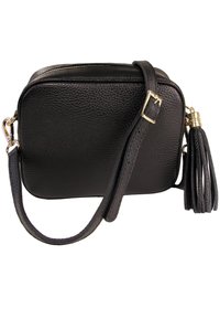 Zwarte leren crossbody tas met een gestructureerd oppervlak, ritssluiting en afneembare riem. Heeft een decoratieve tassel als detail.