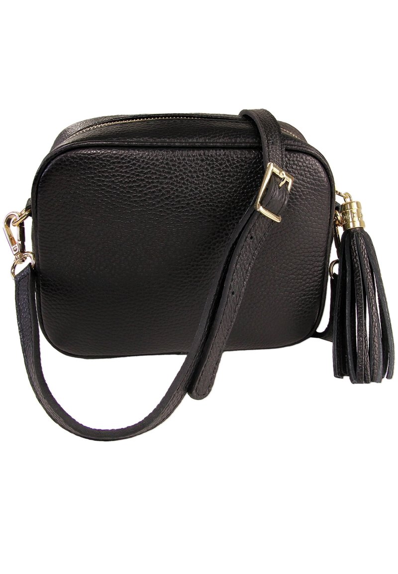 Zwarte leren crossbody tas met een gestructureerd oppervlak, ritssluiting en afneembare riem. Heeft een decoratieve tassel als detail.