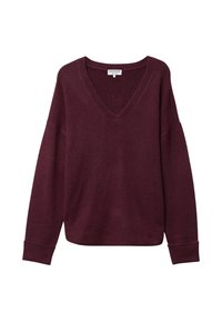 Burgundy V-ringad tröja med långa ärmar, ribbade mudd, och en avslappnad passform. Tillverkad av mjukt, strukturerat material.