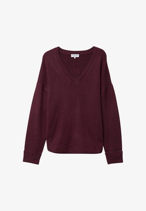 Suéter burdeos de cuello en V con mangas largas, puños acanalados y un ajuste relajado. Hecho de material suave y texturizado.
