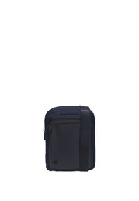 Borsa a tracolla blu navy realizzata in tessuto resistente, con una parte anteriore testurizzata, un compartimento principale con zip e una tracolla regolabile.