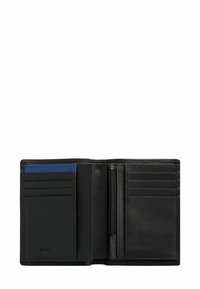 Portafoglio in pelle nera con più scomparti per carte, una tasca con zip e accenti interni blu a contrasto. Texture morbida e design minimale.