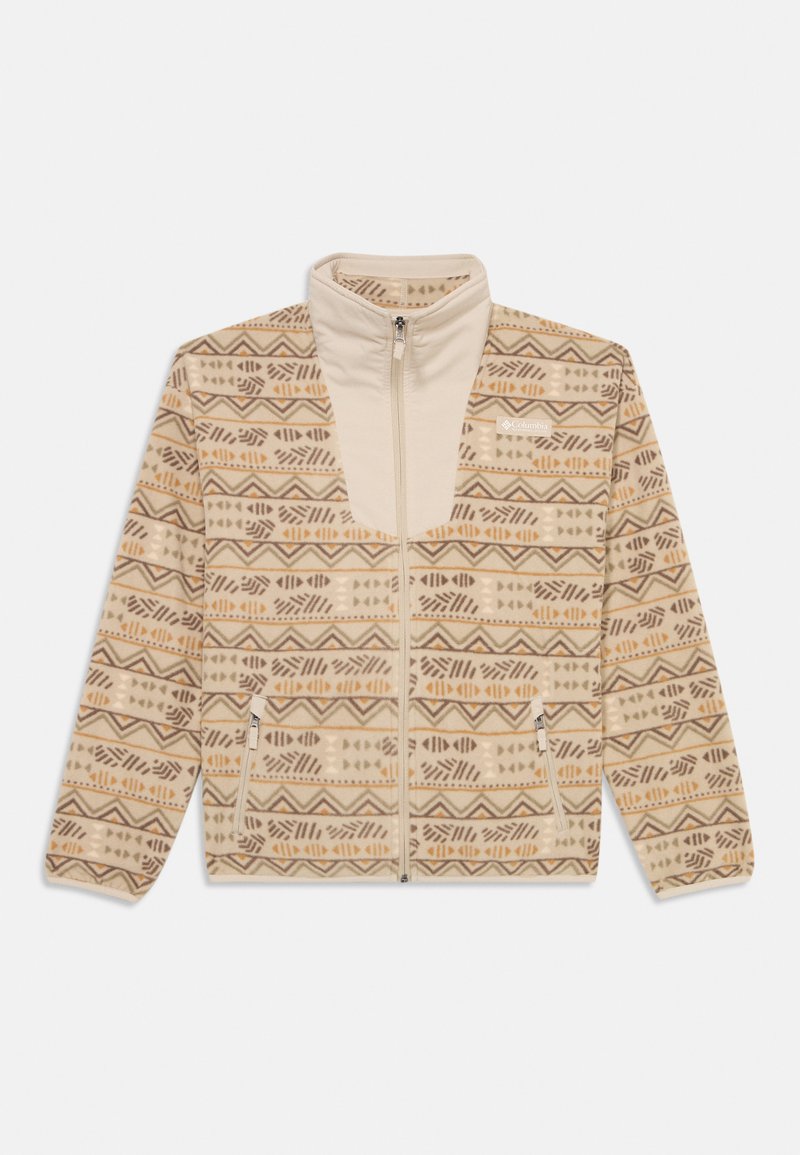 Beige fleecejakke med et mønster i brun, tan og sennep. Har høy krage og glidelås foran samt sidelommer.