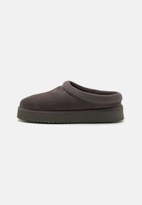 Gray suede slip-on clogs with a round toe, padded collar, and textured rubber sole featuring zigzag patterns for traction.
