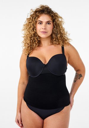 Black contour bra with smooth padded cups, wide adjustable straps, and a matching high-waisted shaping brief in a textured design.