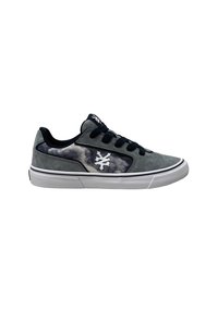 Grå sneakers med en glat overflade, sorte detaljer, mesh-sidelapper, runde snørebånd og hvide gummisåler med et struktureret grebmønster.